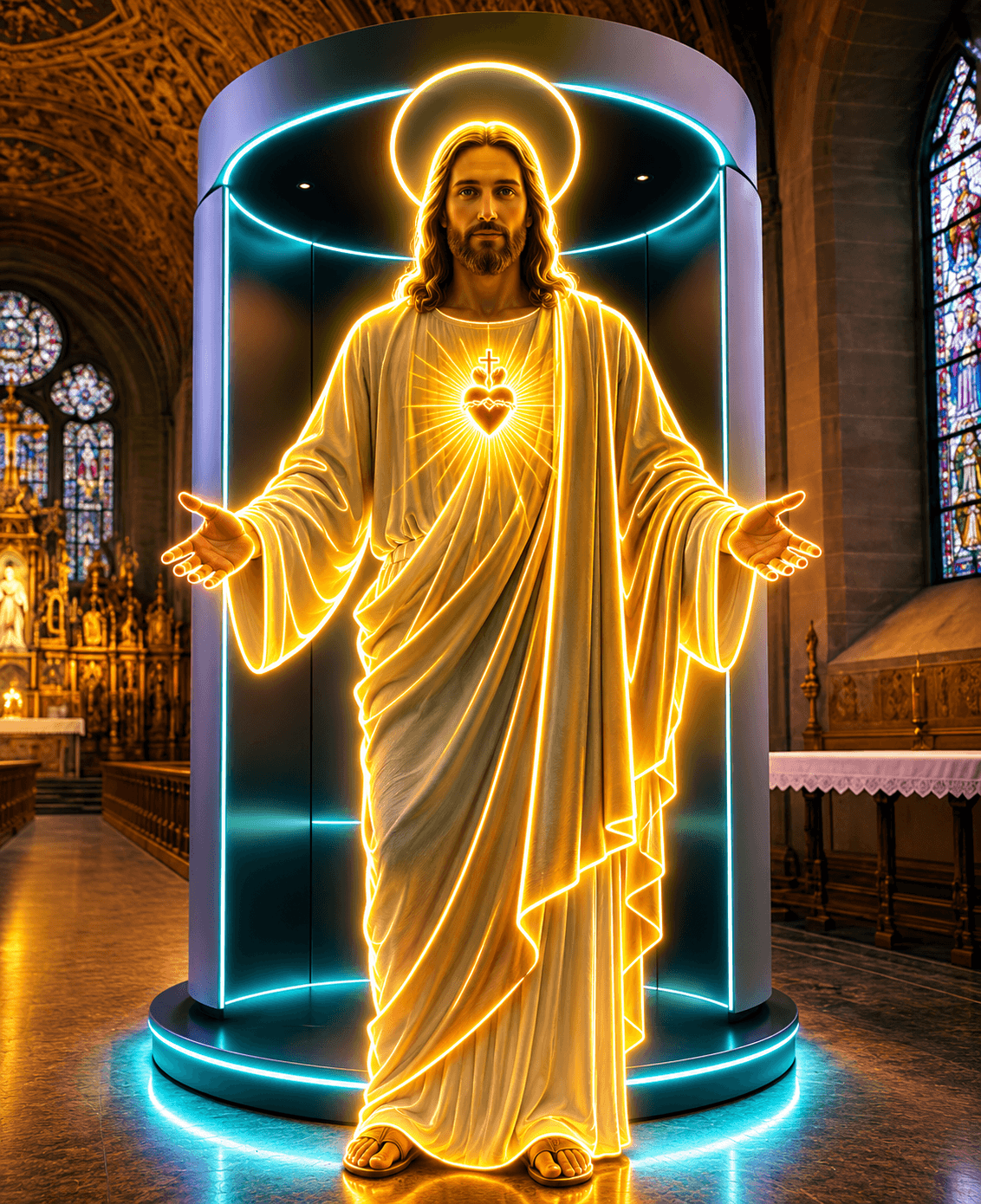The Jesus Bot holographic device — a glowing figure with open arms inside a cylindrical display